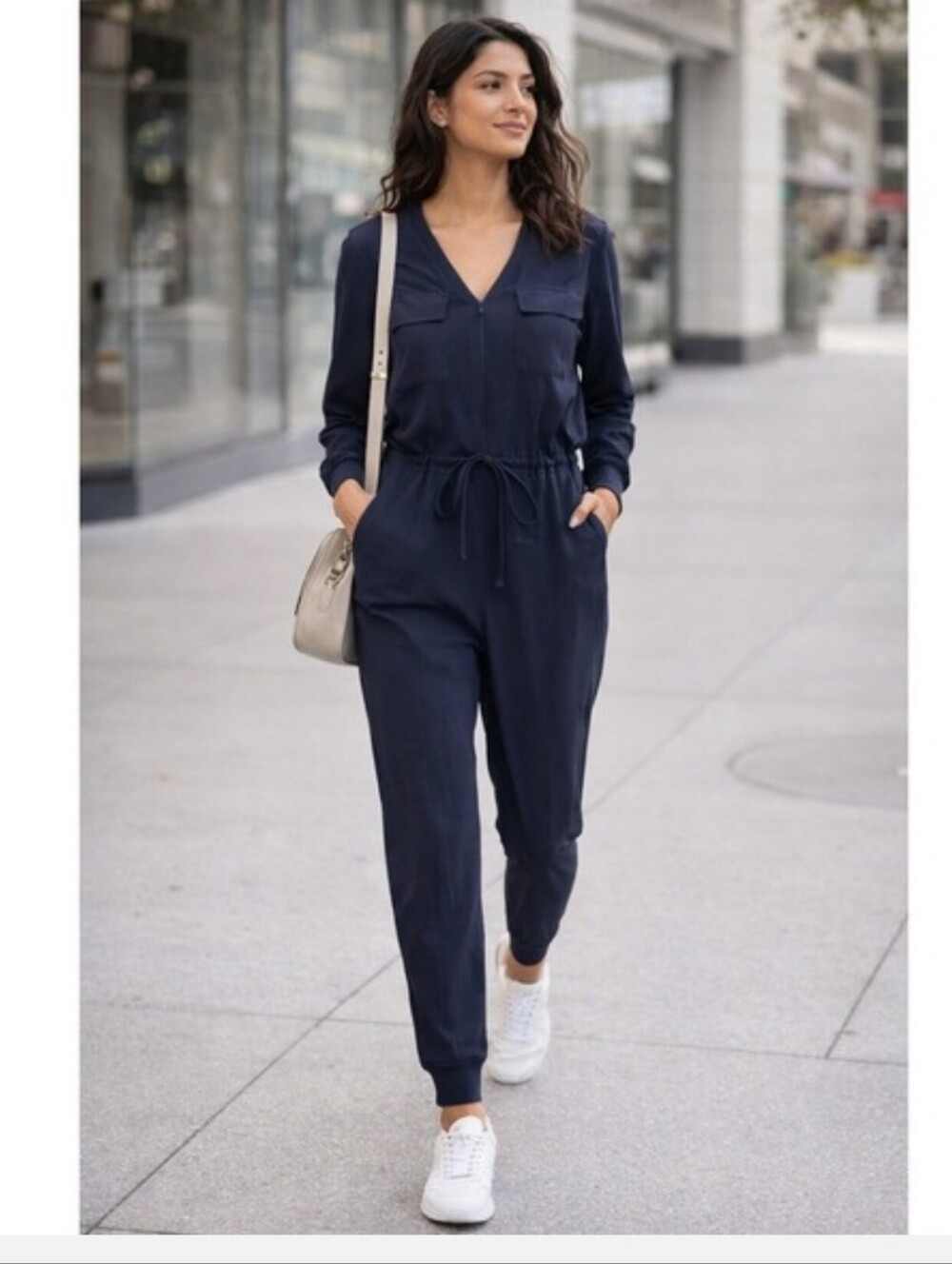 Athleta Zuma Jumpsuit Large Navy Travel Outfit Lightweight Jogger Athleisure